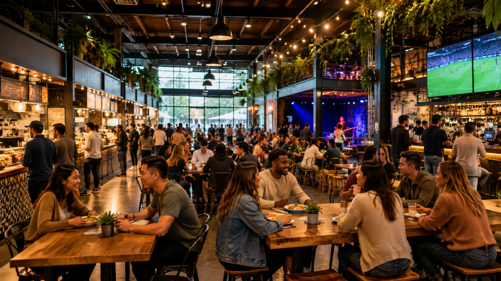 Bustling Industrial Food Hall Gathering