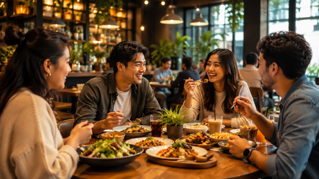 Friends Sharing a Warm Café Feast